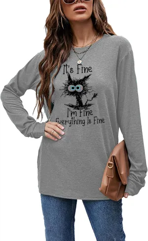 Women's I'm Fine Everything is Fine T-Shirts Long Sleeve Sayings Loose Fit Casual Cute Cat Graphic Crew Neck Tee Blouse Tops