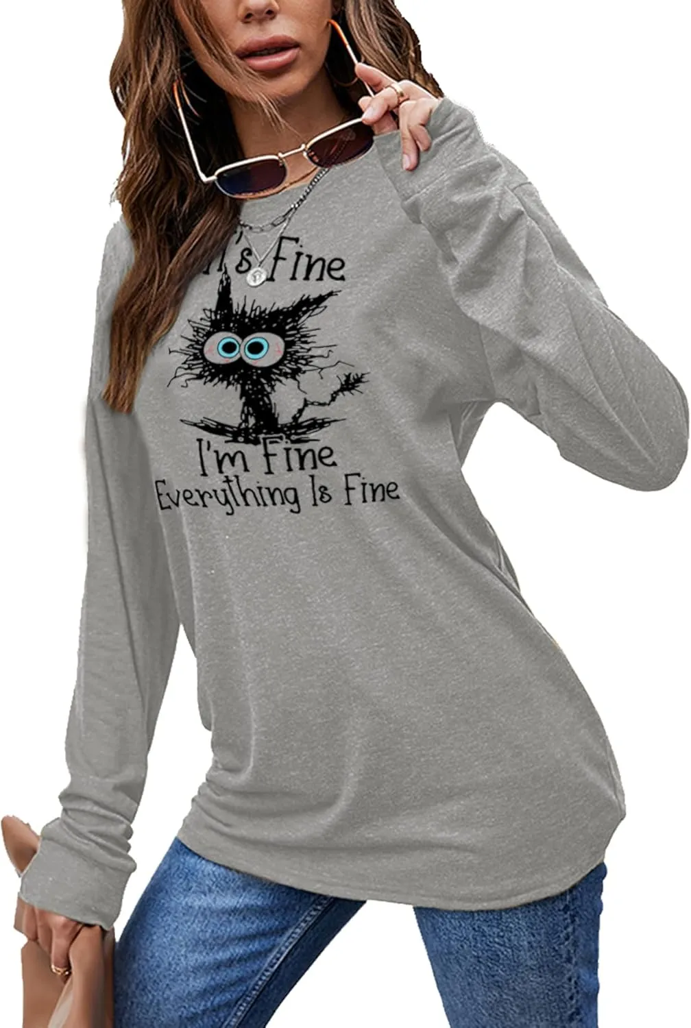 Women's I'm Fine Everything is Fine T-Shirts Long Sleeve Sayings Loose Fit Casual Cute Cat Graphic Crew Neck Tee Blouse Tops