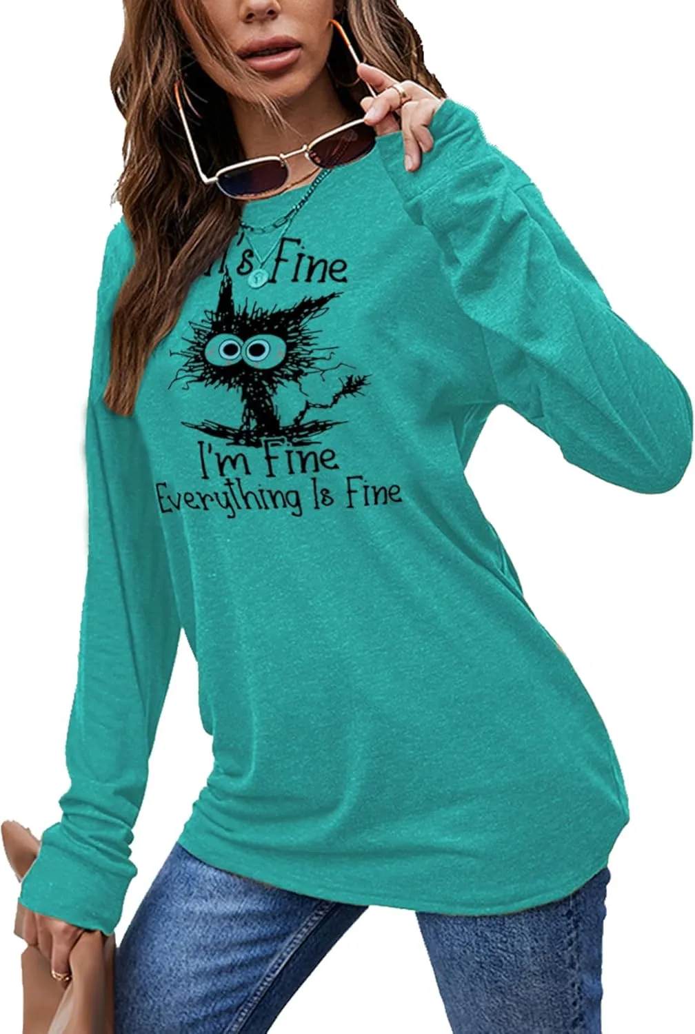 Women's I'm Fine Everything is Fine T-Shirts Long Sleeve Sayings Loose Fit Casual Cute Cat Graphic Crew Neck Tee Blouse Tops