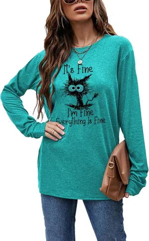 Women's I'm Fine Everything is Fine T-Shirts Long Sleeve Sayings Loose Fit Casual Cute Cat Graphic Crew Neck Tee Blouse Tops