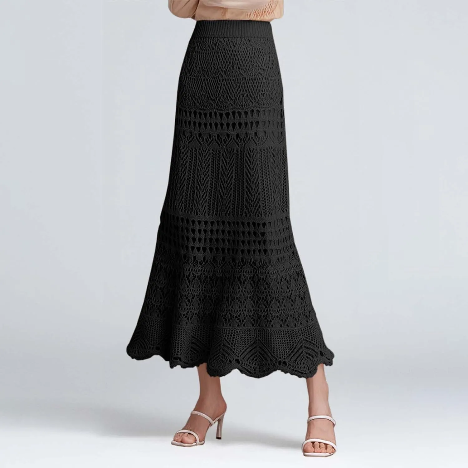 Women's Stretched High Waist Crochet Hollow Out Knit Flowy Patterned Lace Boho Maxi Skirt Vacation Beach Long Skirts