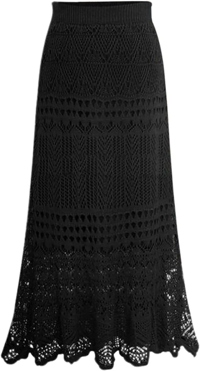 Women's Stretched High Waist Crochet Hollow Out Knit Flowy Patterned Lace Boho Maxi Skirt Vacation Beach Long Skirts