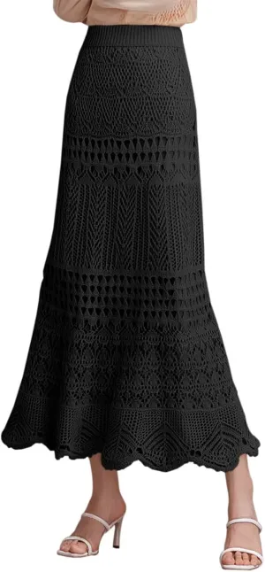 Women's Stretched High Waist Crochet Hollow Out Knit Flowy Patterned Lace Boho Maxi Skirt Vacation Beach Long Skirts
