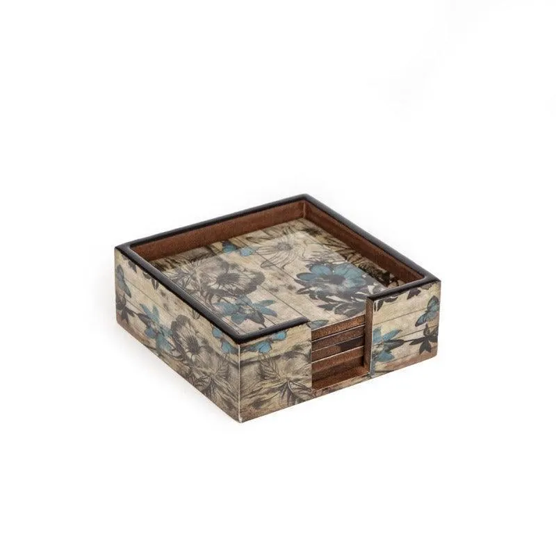 Wooden Coaster Set With Holder-Rustic Floral Design Set of 6