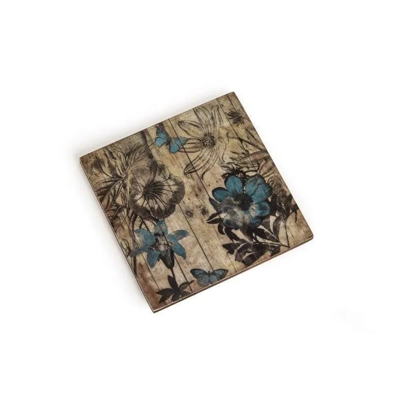 Wooden Coaster Set With Holder-Rustic Floral Design Set of 6