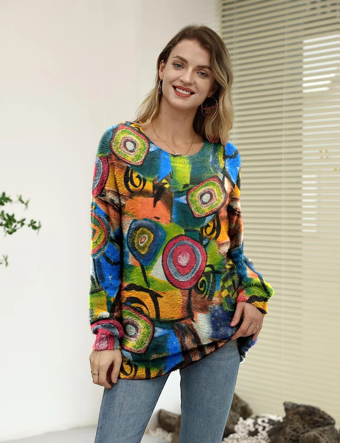 YESNO Women Christmas Sweater Graphic Printed Oversized Pullover Sweaters Casual Loose Knit Tops S01