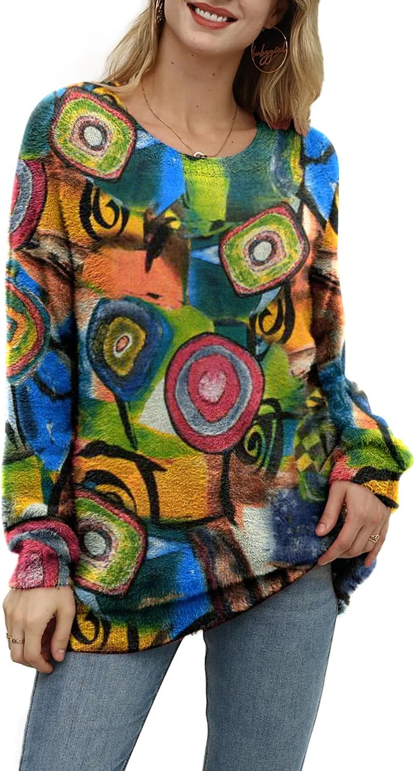 YESNO Women Christmas Sweater Graphic Printed Oversized Pullover Sweaters Casual Loose Knit Tops S01