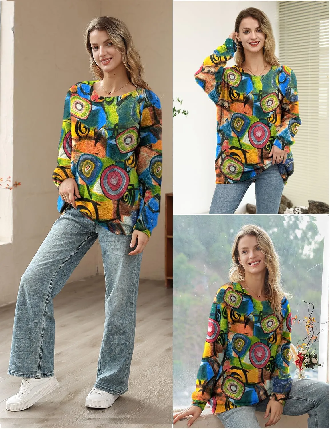 YESNO Women Christmas Sweater Graphic Printed Oversized Pullover Sweaters Casual Loose Knit Tops S01