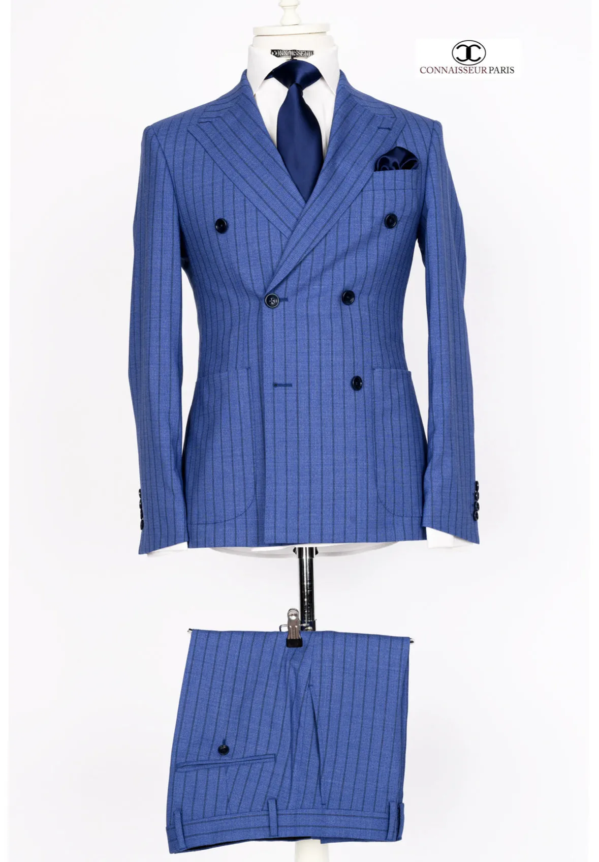 Zignone - Blue double breasted pinstriped 2-piece slim fit suit with wide lapel and patch pockets